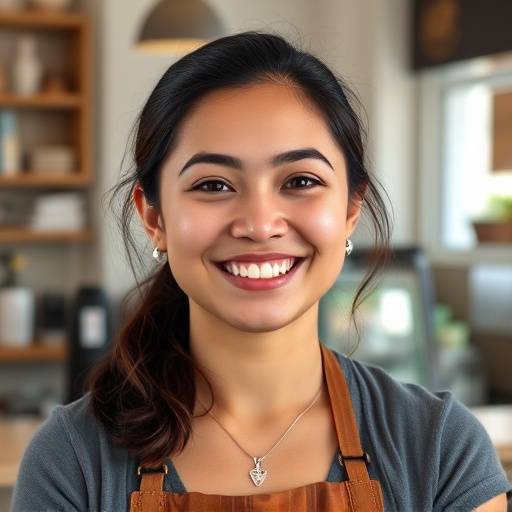 Portrait of Olivia Rodriguez, cafe manager, smiling brightly and confidently.