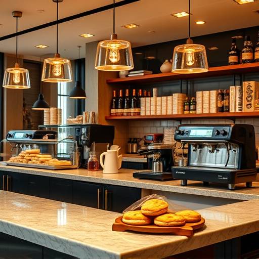 View of the barista counter with coffee machines and pastries on display
